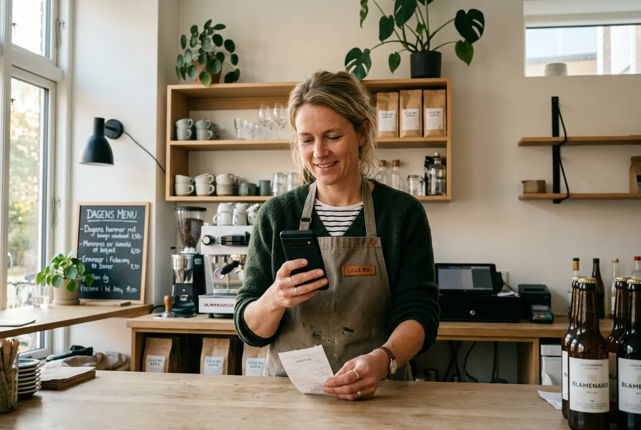 Selvstændig caféejer scanner et bilag med mobilen til automatisk bogføring i Crator