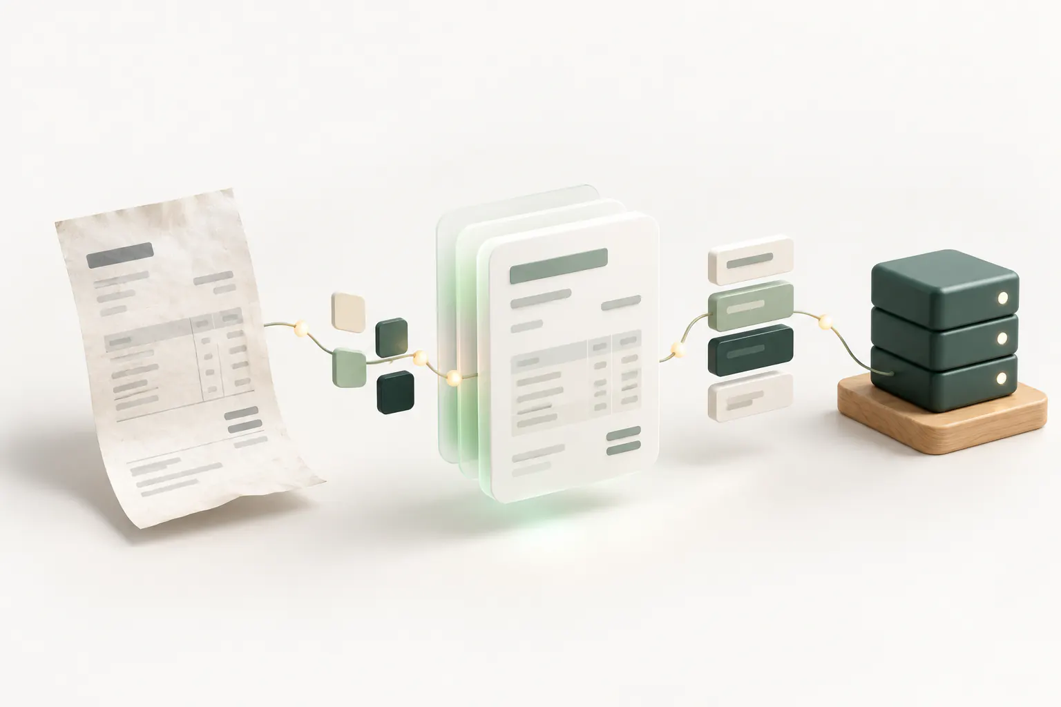 Illustration: en papirfaktura bliver til strukturerede data på vej ind i et bogføringssystem