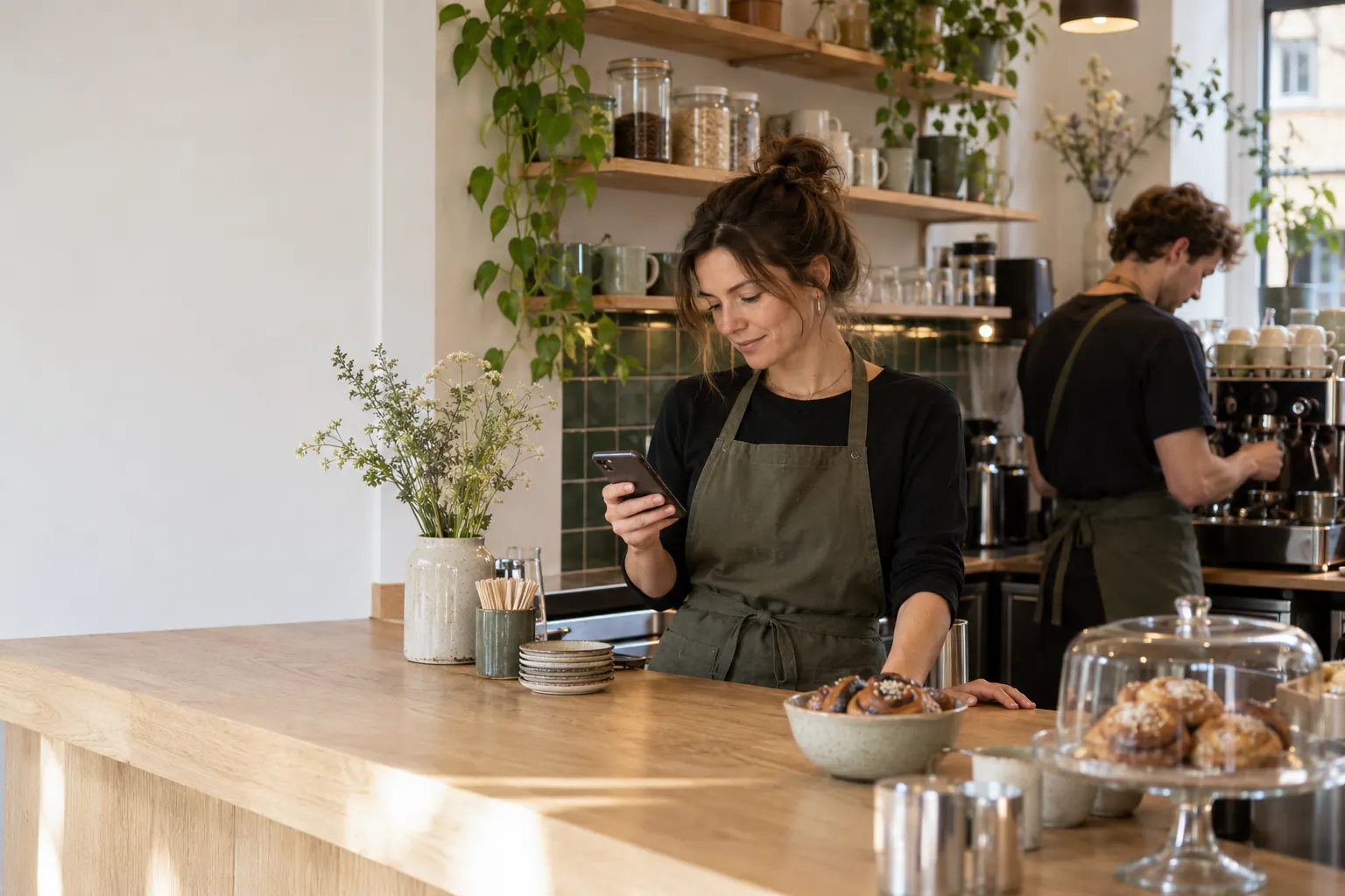 Caféejer tjekker dagens bilag på mobilen ved disken, mens en medarbejder laver kaffe bag hende