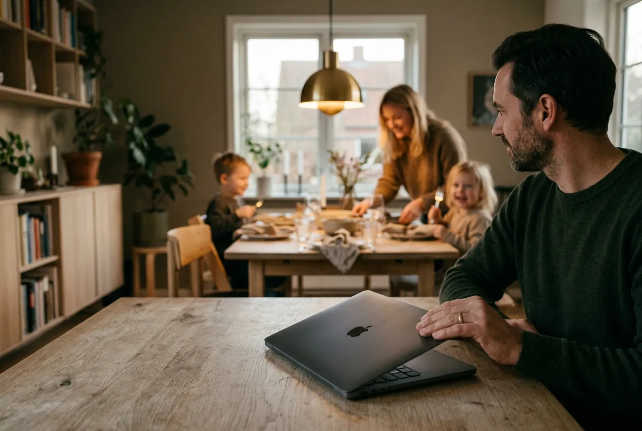 Selvstændig lukker computeren og går fra arbejde til aftensmad med familien, fordi den automatiske bogføring kører videre