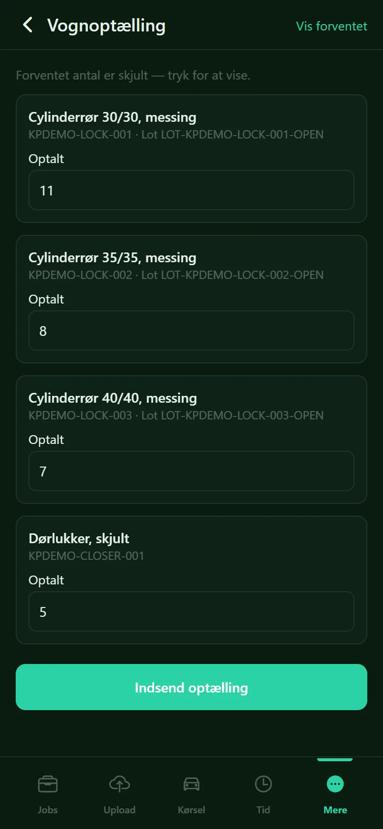 Vognoptælling i Crator-appen, hvor teknikeren taster det optalte antal pr. vare