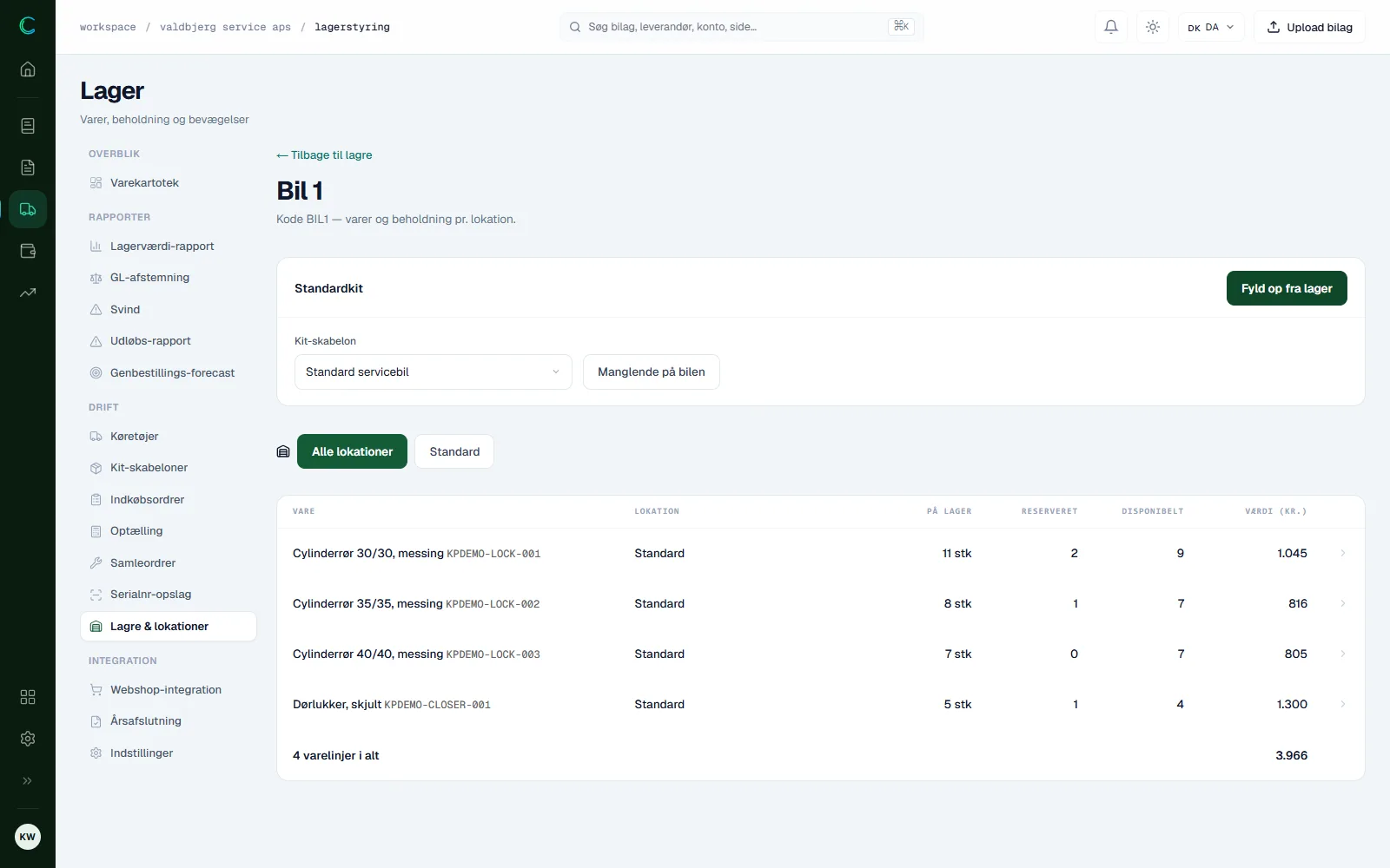 En servicebil i Crator med standardkit og beholdning, reserveret og disponibelt pr. vare