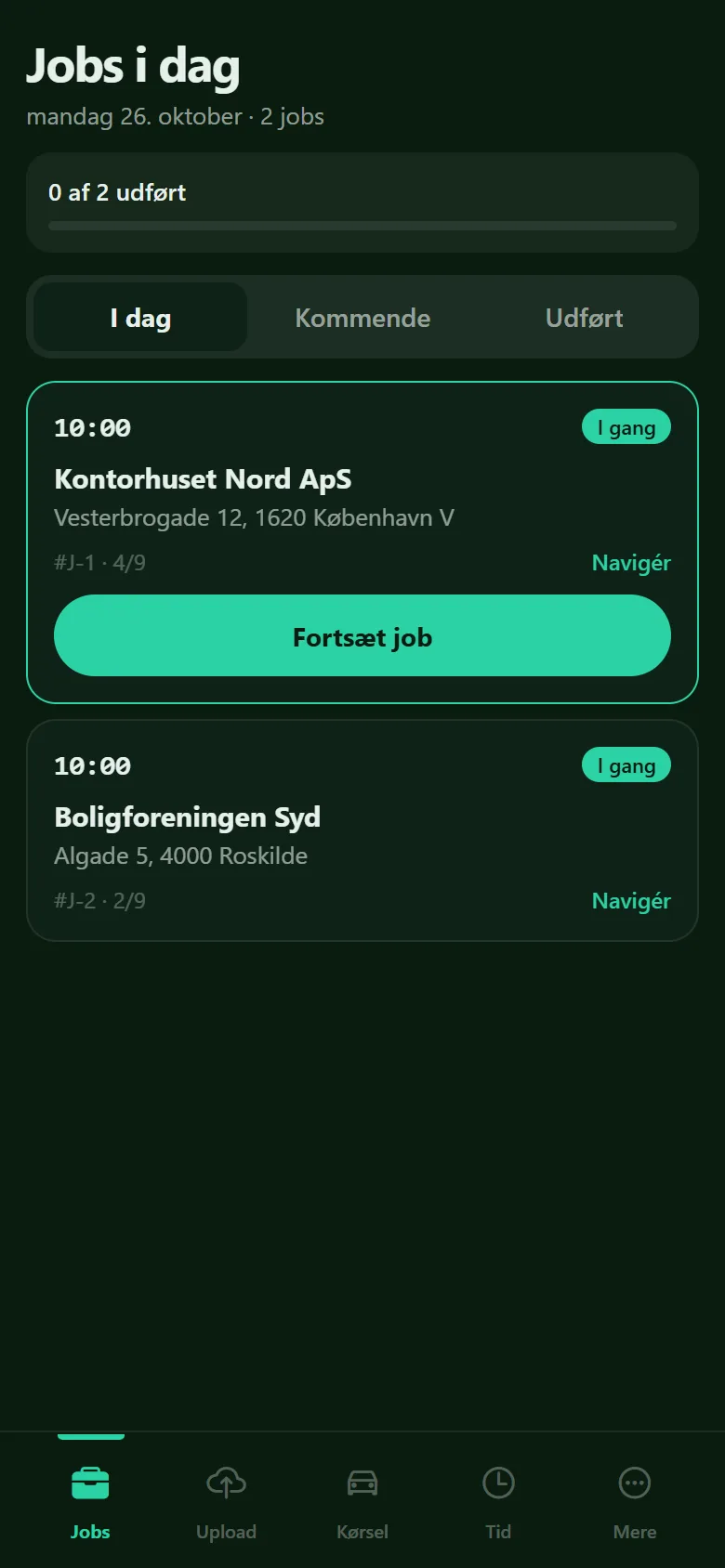 Crator-appens jobliste med dagens jobs, status og knap til at fortsætte et job