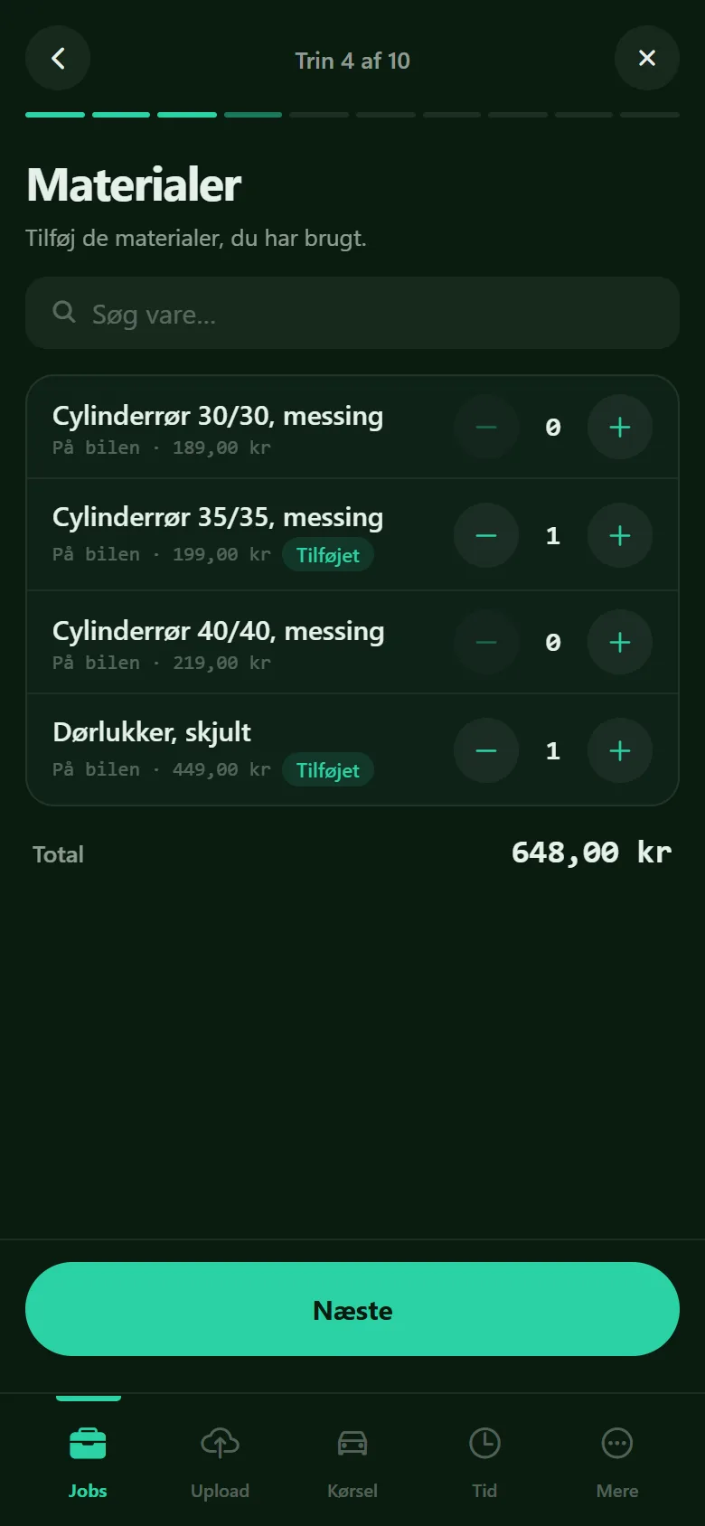 Materialer-trinnet i Crator-appen med varer fra servicebilen, antal og samlet pris