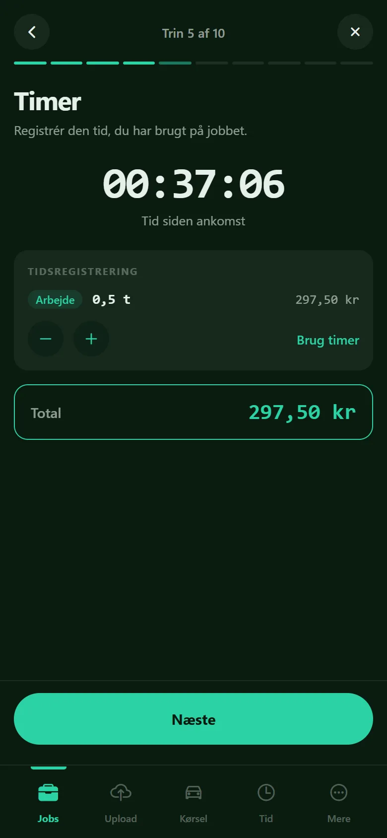 Timer-trinnet i Crator-appen med tid siden ankomst, afrundede timer og pris